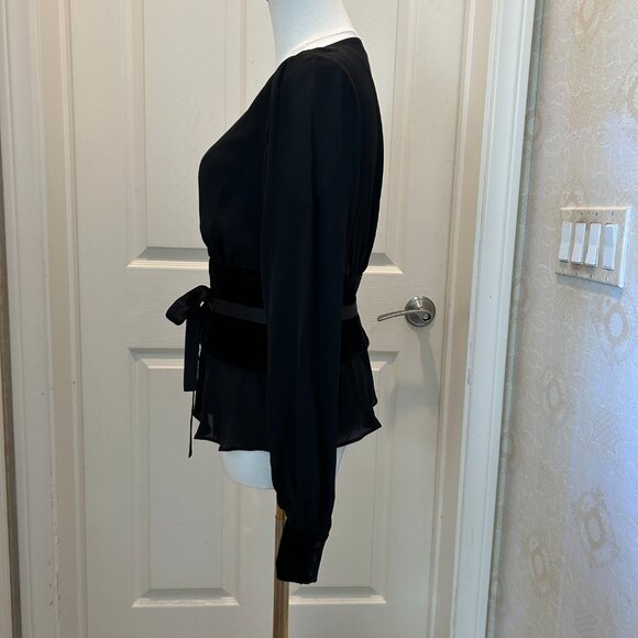 Cinq à Sept Silk with Velvet Trim Long Sleeve Faux Wrap Blouse Women's Size S - Picture 3 of 9